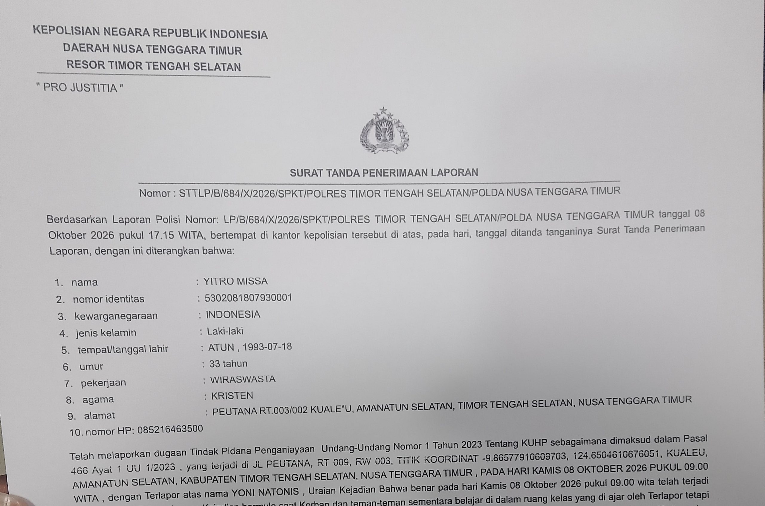 Dua Siswa SD GMIT Oesusu Laporkan Dugaan Penganiayaan Guru ke Polres TTS
